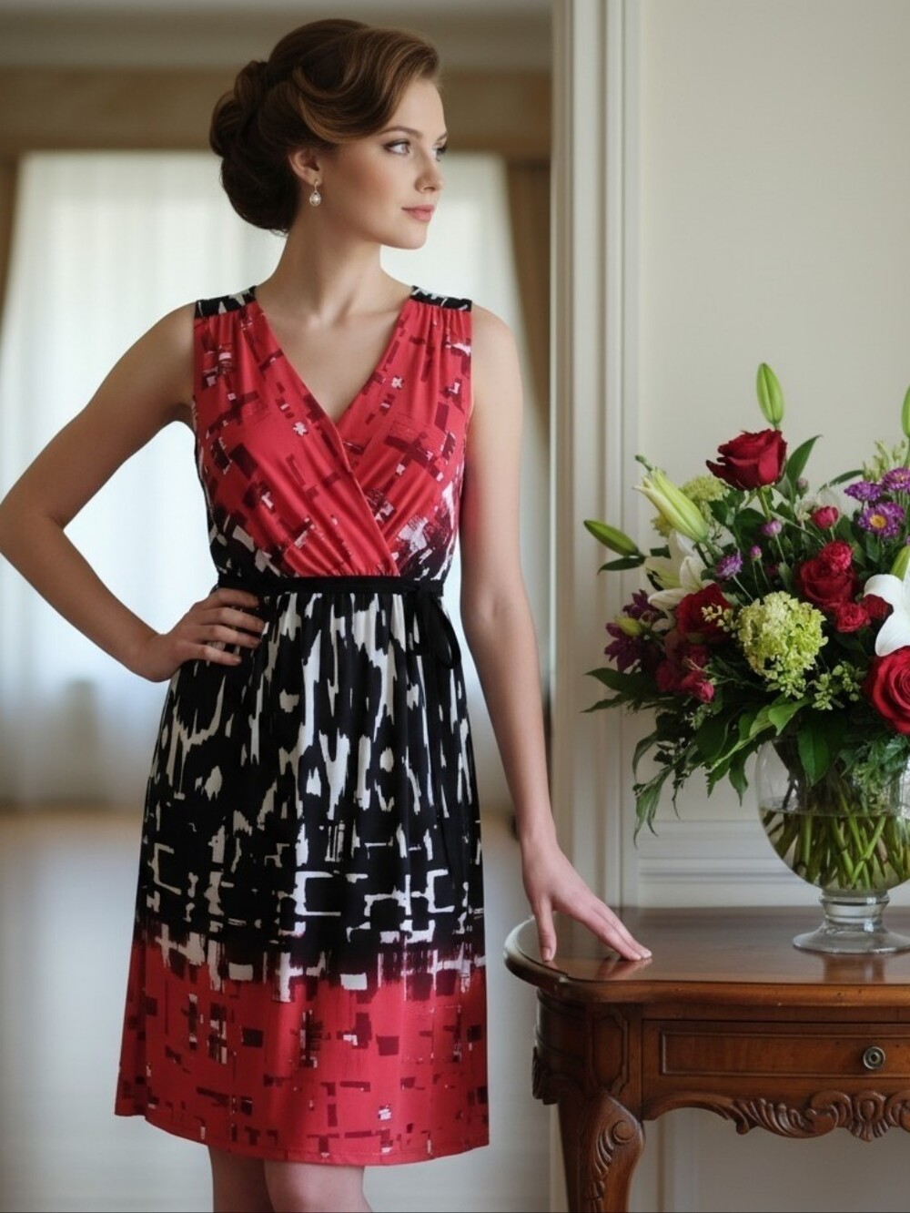 Cato NWT Red & Black Abstract Sleeveless V-Neck Knee-Length Dress Size Medium